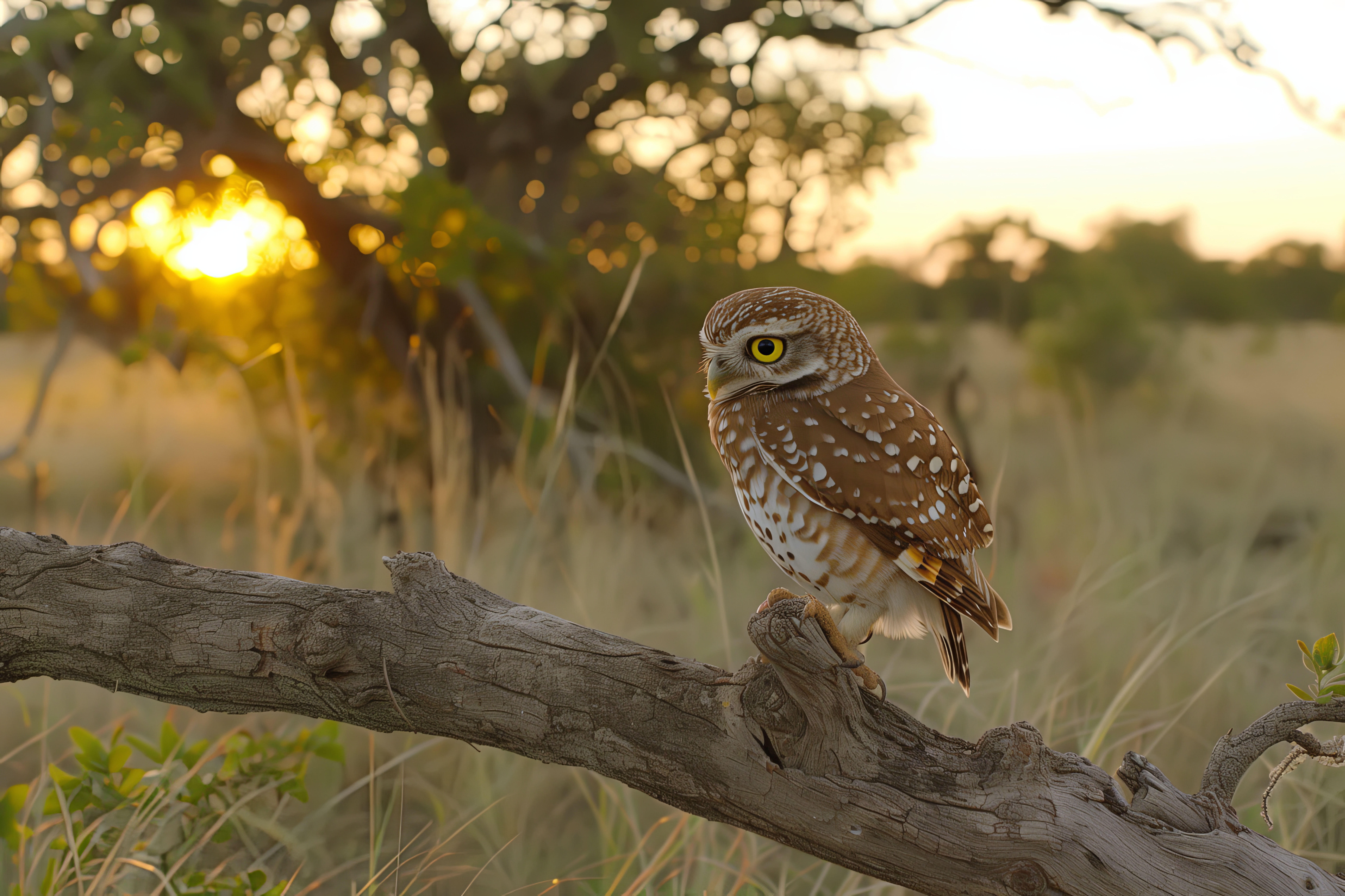wild owl sits on a branch in the forest. Bird in the wild. Owl habitat. Animal photography