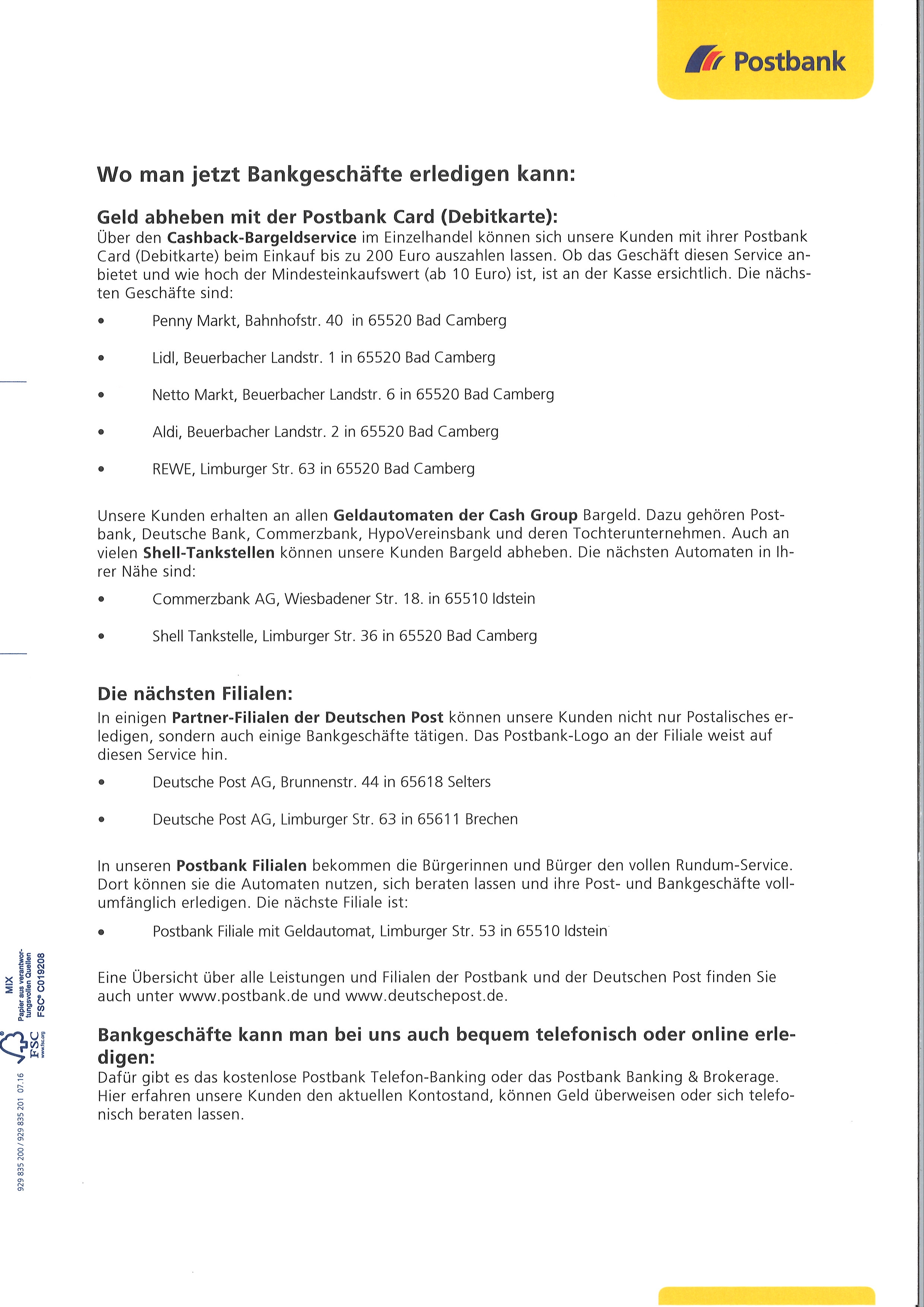 Alternativen Zum Abgebauten Postbank Geldautomaten Am Bahnhof Stadt Bad Camberg